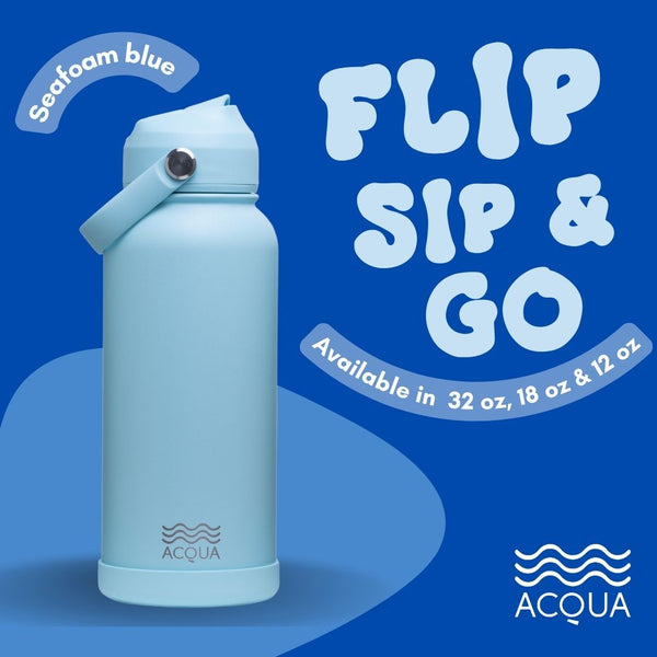 Acqua Flip Sip & Go! Double Wall Insulated Stainless Steel Water Bottle Seafoam Blue 12 oz