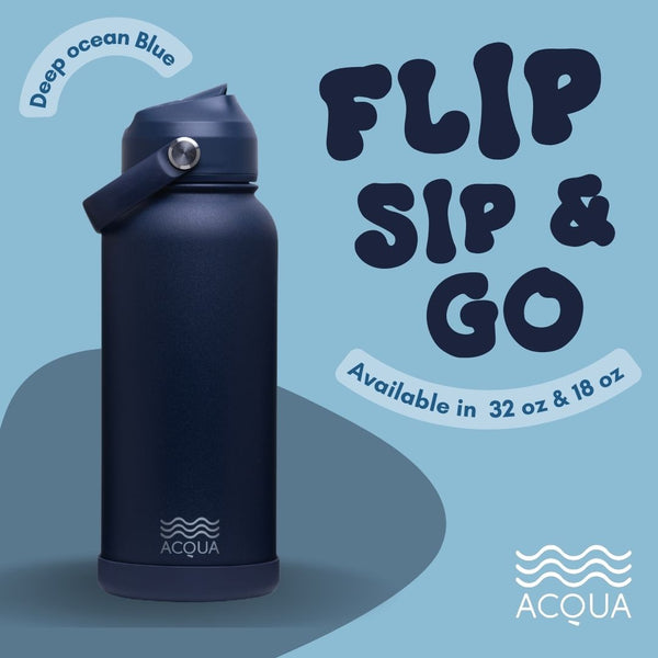 Acqua Flip Sip & Go! Double Wall Insulated Stainless Steel Water Bottle Deep Ocean Blue 32oz